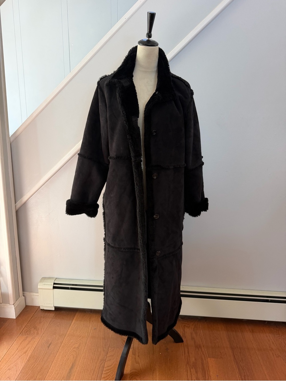 Vintage Long Faux Shearling Twinface Coat Jacket Black Womens Size Medium